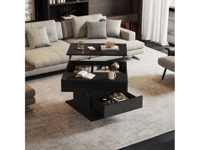  Table basse relevable 70 x 70 x 45-59 cm 360° tiroir rangement caché laqué brillant panneau de particules noir  - Conforama E