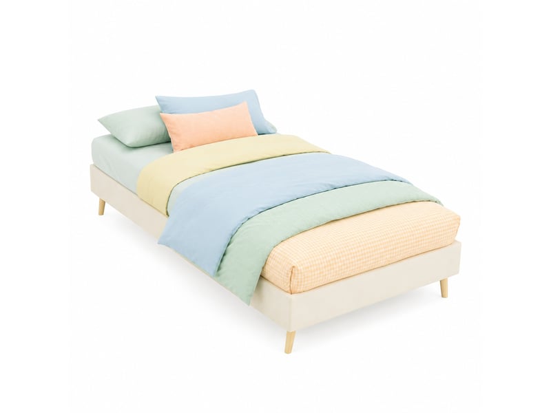 Lit enfant 90 × 200 cm 1 place avec tête de lit cartoon, sans matelas, pieds en bois naturel, tissu et métal beige  - Conforama A