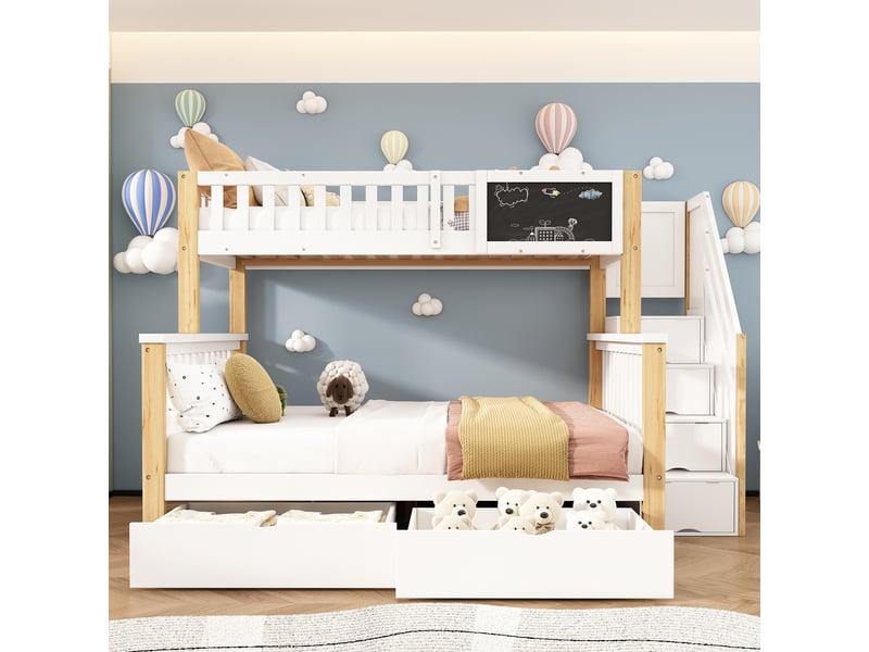 Lit superposé 3 places 90 × 200 cm et 140 × 200 cm avec 2 tiroirs, escalier rangement, sans matelas, blanc chêne clair - Conforama B