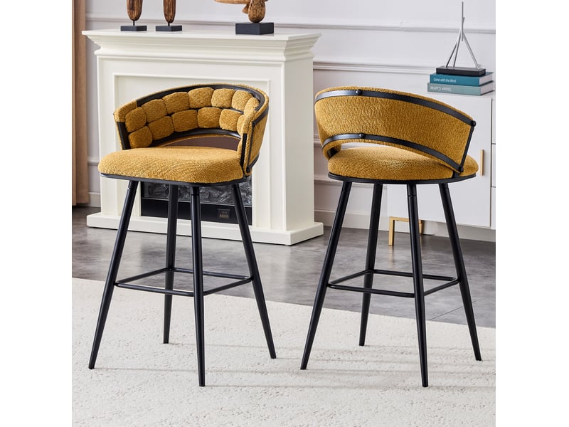  Tabouret de bar en velours avec dossier tressé et repose-pieds, design moderne noir et jaune  - Conforama B