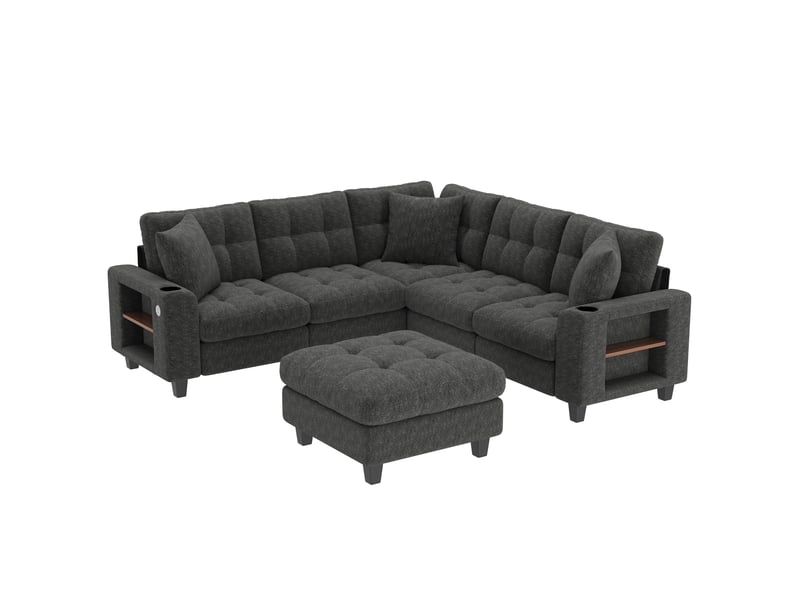 Canapé d’angle modulable xxl en l ou u 6 places 216,5x216,5 cm, pouf mobile, accoudoirs avec étagères, porte-gobelet, 2 usb et usb-c, chenille gris Radiant Stride - Conforama A