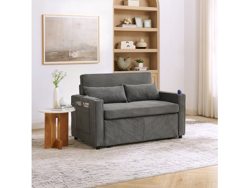  Canapé droit convertible 2 places gris foncé en tissu avec usb, système coulissant pour siestes et invités  - Conforama E