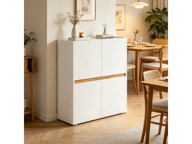  Armoire de rangement 90x40x110 cm – blanc et chêne clair – 4 portes, étagères réglables pour bureau  - Conforama E