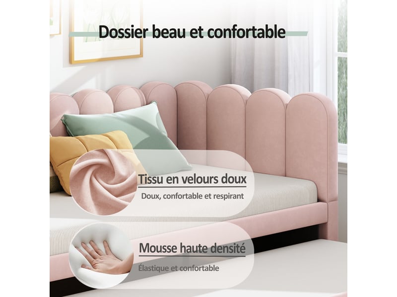  Lit banquette extensible 200×90 cm et 200×180 cm, en velours rose et beige, avec dossier et tête de lit  - Conforama E