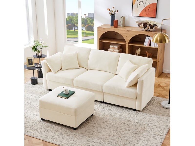  Canapé d'angle 218x156,5 cm avec pouf et accoudoirs réglables en chenille beige  - Conforama B