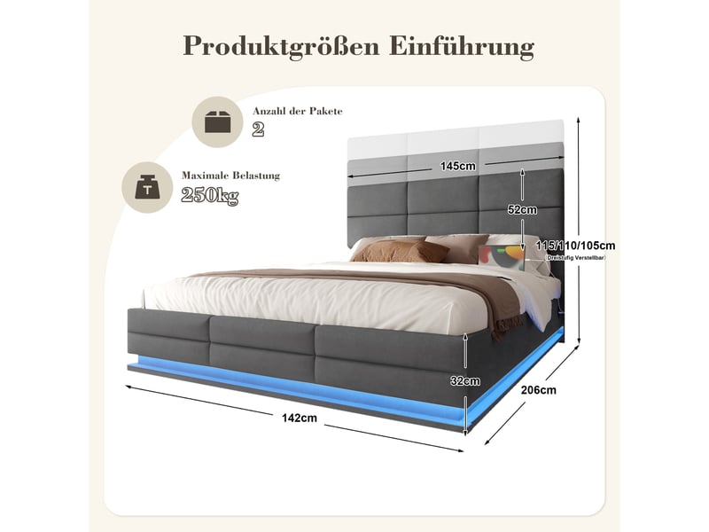  Lit 140x200cm, lit coffre, lit 2 places, tête de lit réglable, led, usb, sommier, sans matelas, velours, gris  - Conforama C