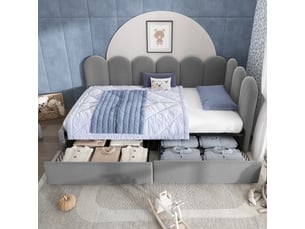 Lit banquette 140 x 200 cm, extensible 90 x 190 cm, usb, rangements, bois massif, blanc