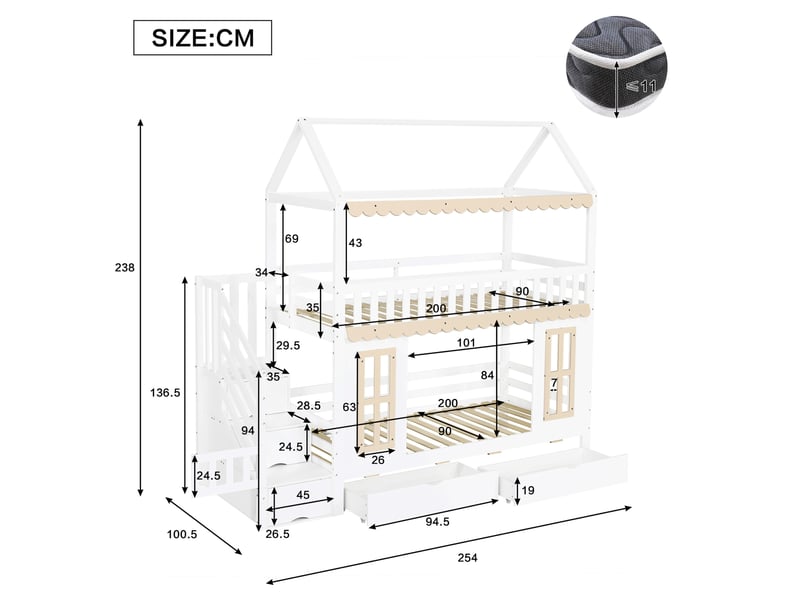 Lit superposé enfant cabane 90x200 cm, rangements et 2 tiroirs, blanc naturel - Conforama C