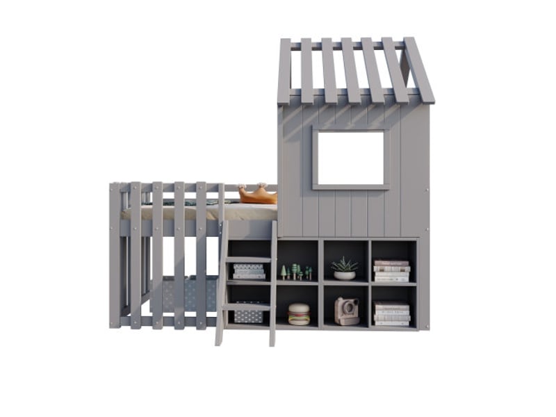 Lit cabane 90x200 cm en bois massif gris - toit, fenêtre, rangement, échelle, lit superposé enfant sans matelas - Conforama A