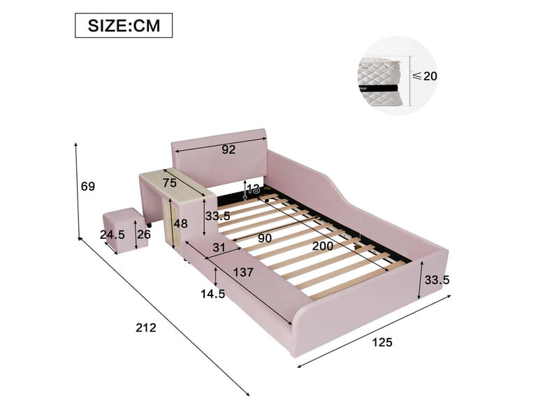  Lit enfant, 90x200 cm, lattes, tablette de rangement, tabouret, avec bureau, matelas non inclus, bois, coloris rose  - Conforama C
