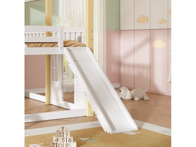 Lit mezzanine enfant 90 × 200 cm 1 place avec toboggan, échelle réversible et espace de jeu, sans matelas  - Conforama E