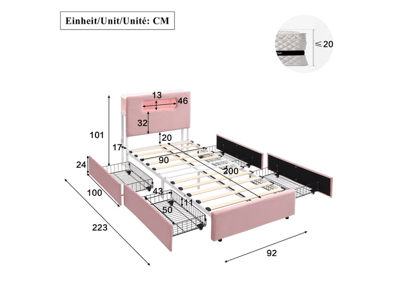  Lit jeune 90x200 cm, lit simple avec 4 tiroirs, tête de lit avec rangement, led, mdf, velours couleur rose, sans matelas  - Conforama C