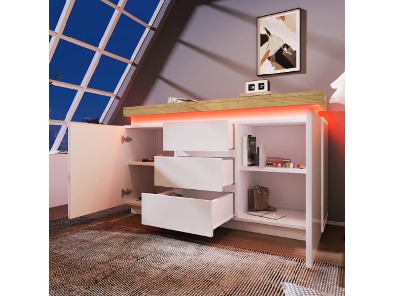  Buffet laqué blanc – 2 portes, 3 tiroirs, led avec contrôle via app – rangement salon et chambre, 81x140x39 cm  - Conforama E