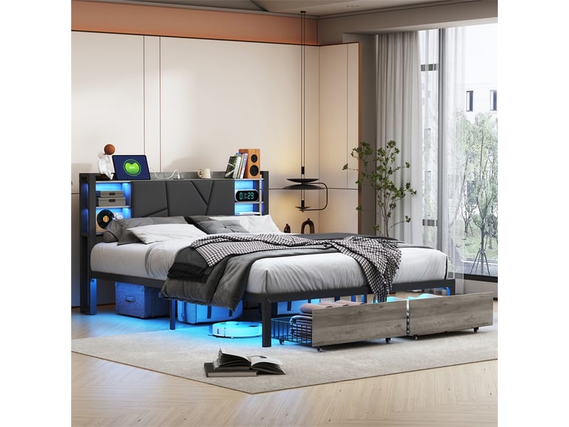  Lit 160x200cm - lit double 160x200cm - lit avec tête de lit led rgb, station de charge et 2 tiroirs - noir et bois vintage  - Conforama B