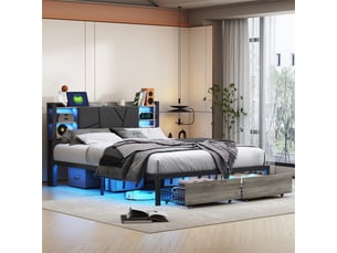 Lit 160x200cm - lit double 160x200cm - lit avec tête de lit led rgb, station de charge et 2 tiroirs - noir et bois vintage