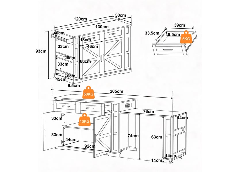  Îlot de cuisine mobile avec plan de travail extensible, prises et usb, 2 tiroirs, rangement double porte, 7 roulettes  - Conforama C