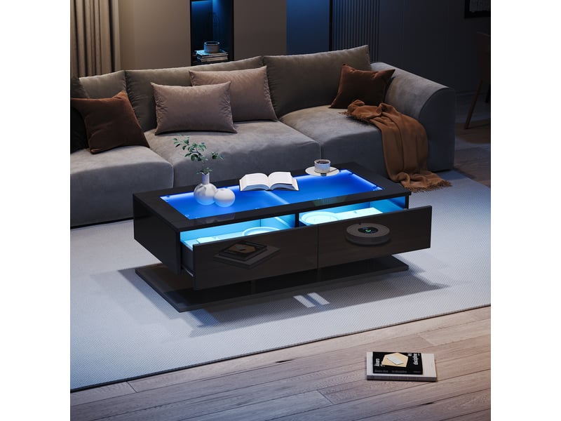  Table basse noire brillante avec tiroirs, table basse led verre trempé 100x50x35cm pour salon moderne  - Conforama E