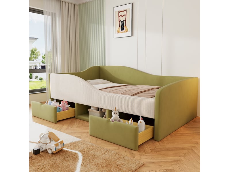 Lit enfant avec rangements 90 x 190 cm, vert foncé et blanc ivoire, avec 2 tiroirs, sans matelas  - Conforama D