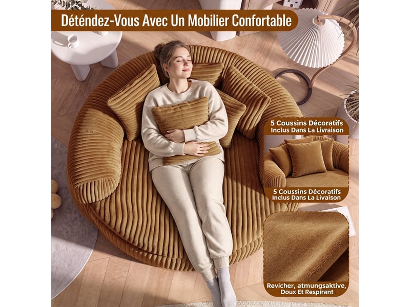  Fauteuil lounge 1 place 145 x 133 x 59 cm en velours côtelé marron, avec assise profonde, accoudoirs et 5 coussins DJ-W3463P5032758-ZMS - Conforama E