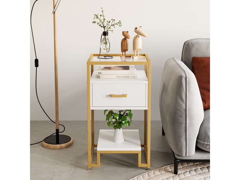  Table basse moderne 3 niveaux, tiroir bois, verre trempé, cadre acier robuste, salon chambre, montage facile, blanc, PHO_0XXNV5U2 - Conforama D