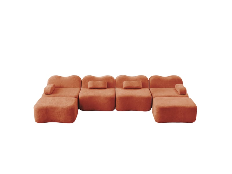  Canapé modulaire 4 places en u avec assise profonde, 2 poufs et accoudoirs coussins mobiles, en velours orange  - Conforama A