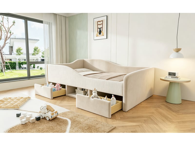 Lit enfant capitonné 90x190 cm beige velours avec deux tiroirs et barrières de sécurité sans matelas Sol Morn - Conforama E