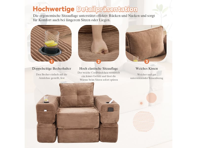  Canapé convertible 2 places en velours côtelé marron avec dossier en mousse à mémoire de forme  - Conforama D