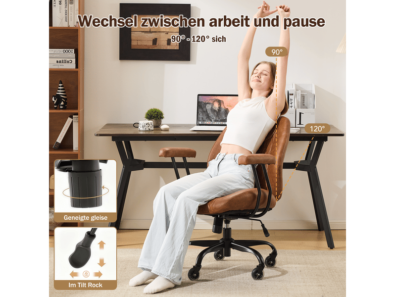  Chaise de bureau 62 x 62 x 96 cm marron, simili cuir, pivotante et réglable en hauteur avec accoudoirs  - Conforama D