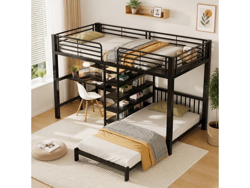  Lit superposé 90x200 cm en métal, bureau, prises usb et type-c, 3 étagères, certifié en747, noir  - Conforama B