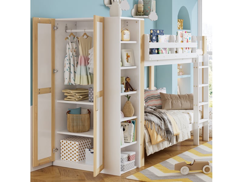  Modenvie lit superposé enfant 90x200 cm - avec rangements latéraux et armoire, sans matelas - blanc  - Conforama D