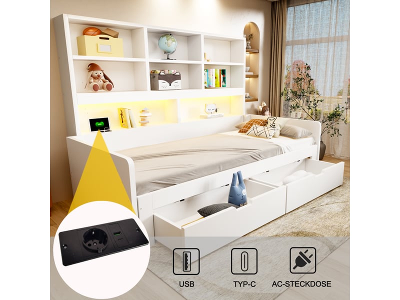 Lit banquette simple 90×200 cm extensible en 180×200 cm, led et prises - okmyhome- 2 tiroirs, sans matelas, blanc - Conforama E