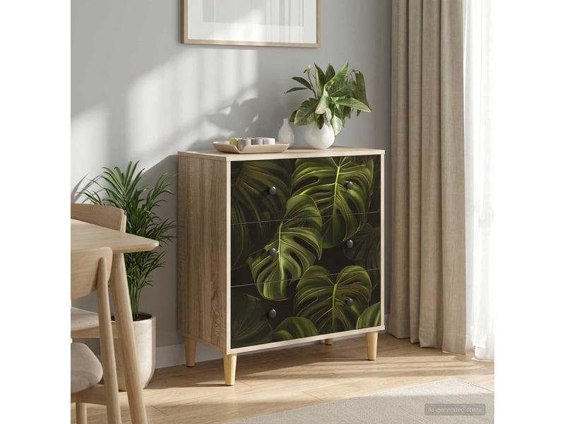 Commode chambre, meuble de rangement elburg impression de feuille de palmier sonoma - Conforama B