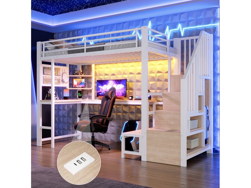  Lit mezzanine 90x200 cm avec bureau, rangements et led en métal et mdf blanc  - Conforama D