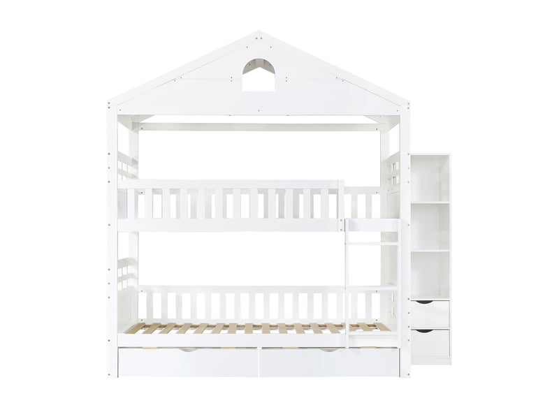  Lit superposé enfant 90x200 cm - 2 tiroirs et armoire de rangement - style cabane - pour chambre d’enfant - bois - blanc  - Conforama R