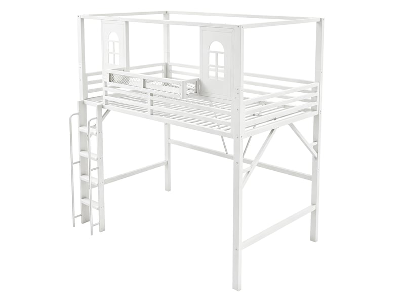  Lit mezzanine enfant 90 x 200 cm en métal avec toit, échelle de sécurité, espace de jeu avec fenêtre et tablette, blanc  - Conforama B