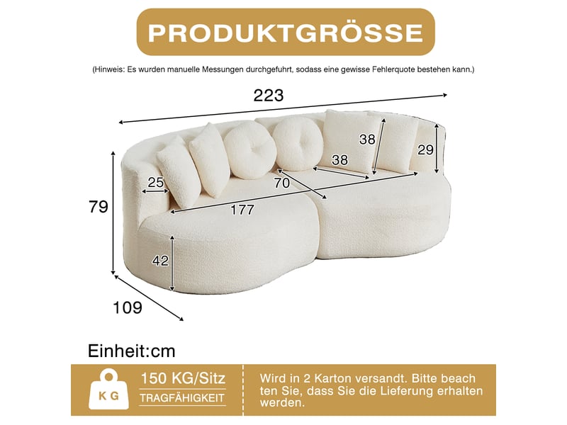  Canapé modulaire 2 éléments forme arrondie avec 6 coussins - lpospi - dossier continu chenille beige  - Conforama D