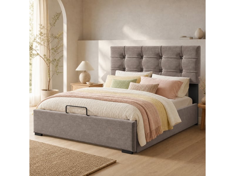 Lit coffre 1 place 90x200 cm à tête réglable en velours gris clair - Conforama C