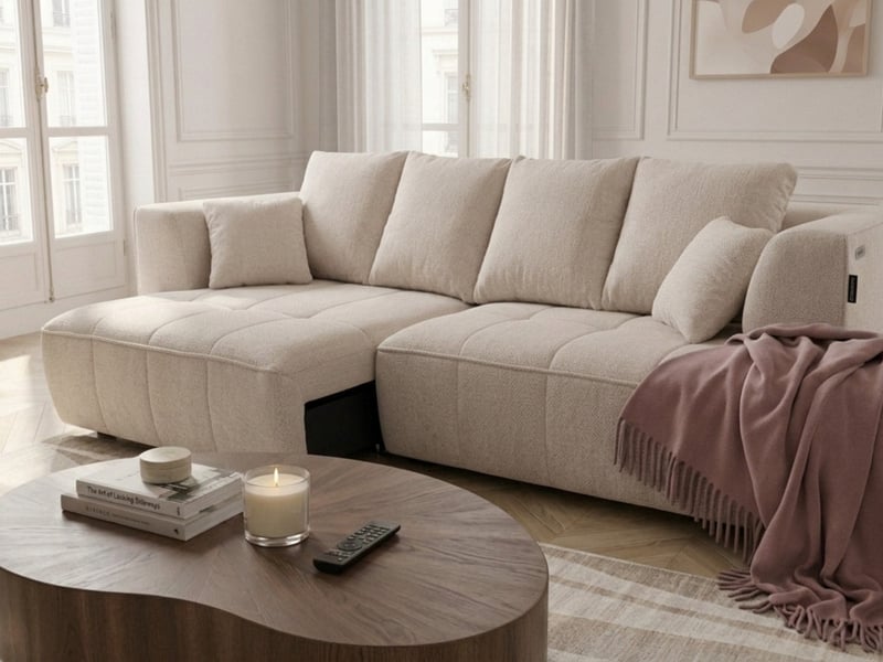  Bobochic canapé droit convertible double avance-recule électrique clovis tissu lisse beige CLOVIS - Conforama C