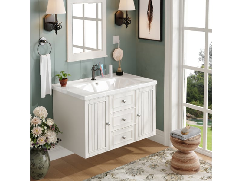 Meuble salle de bains suspendu 78,5 cm blanc avec vasque intégrée, 3 tiroirs et grand espace de rangement, style moderne  - Conforama E