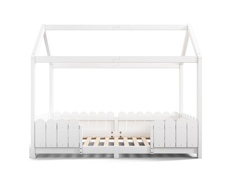  Lit cabane enfant 90 x 200 cm blanc, bois de pin et mdf avec barrière de sécurité et sommier à lattes  - Conforama E