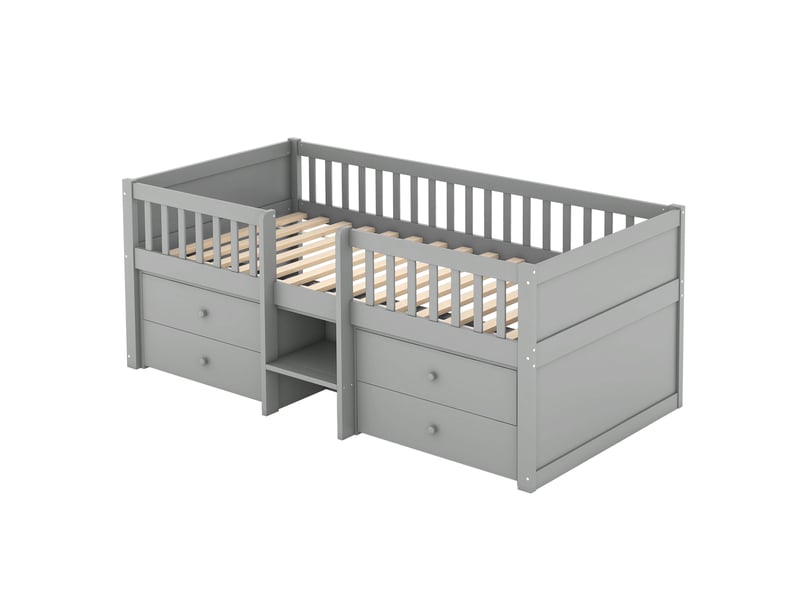  Lit enfant 90x200cm,lit simple,lit mi-hauteur en pin avec 4 tiroirs,échelle et garde-corps,gris lit enfant gris - Conforama E