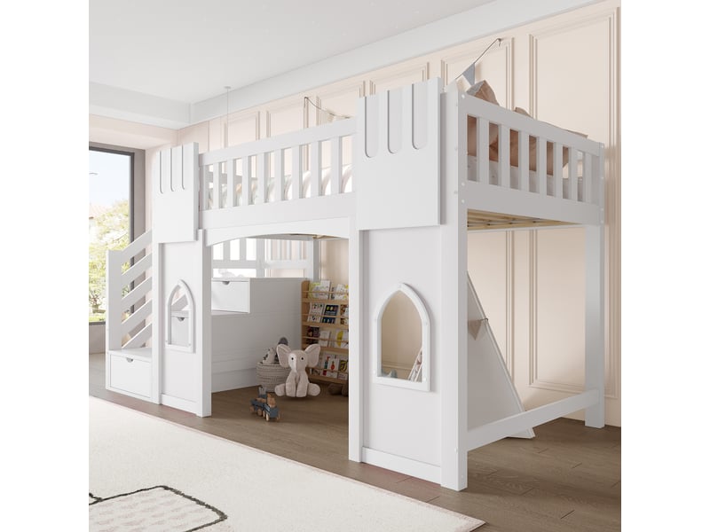  Lit mezzanine 90x200 cm blanc, avec escalier de rangement 3 compartiments, 2 fenêtres, garde-corps, sommier inclus, sans matelas  - Conforama B