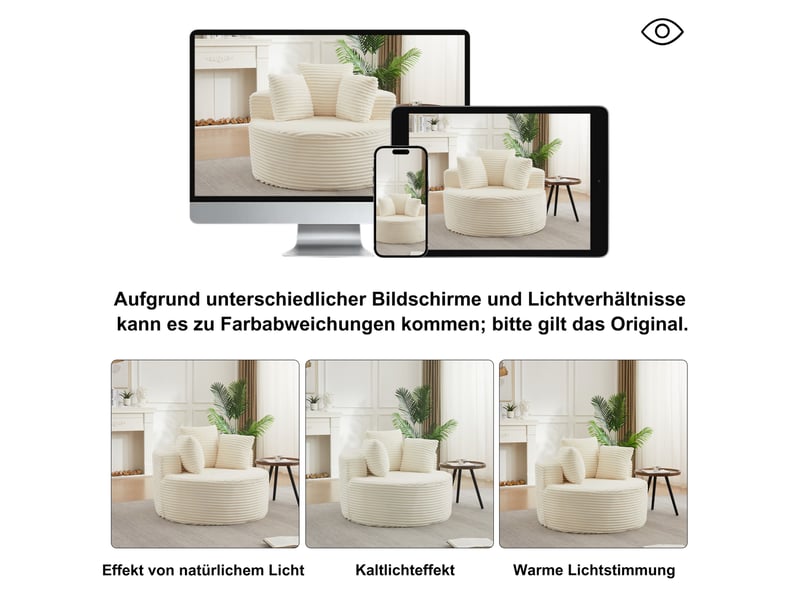  Fauteuil rond 1 place avec 3 coussins et accoudoirs larges en velours côtelé beige, diamètre 110 cm  - Conforama E