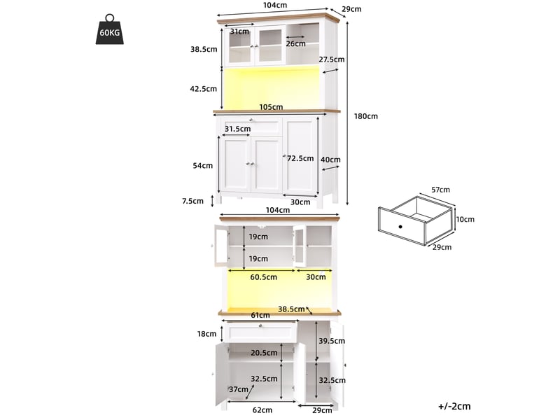  Buffet de cuisine haut 104x40x180 cm, meuble vaisselier blanc avec portes coulissantes et étagères réglables  - Conforama C