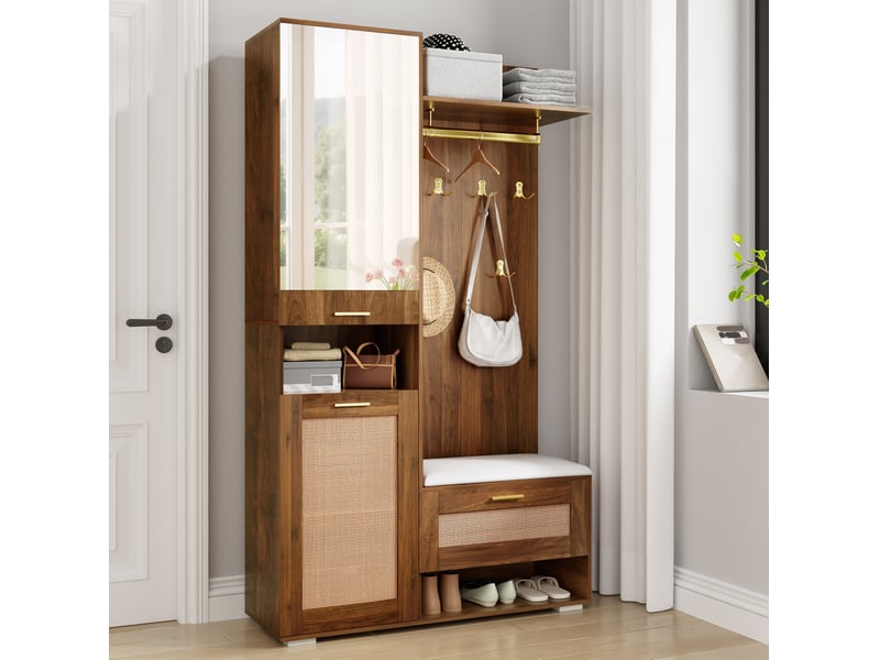  Meuble d'entrée avec miroir, 3 portes, banc, 6 crochets et led 16 couleurs pour couloir, noyer, 110 × 38 × 190 cm  - Conforama C