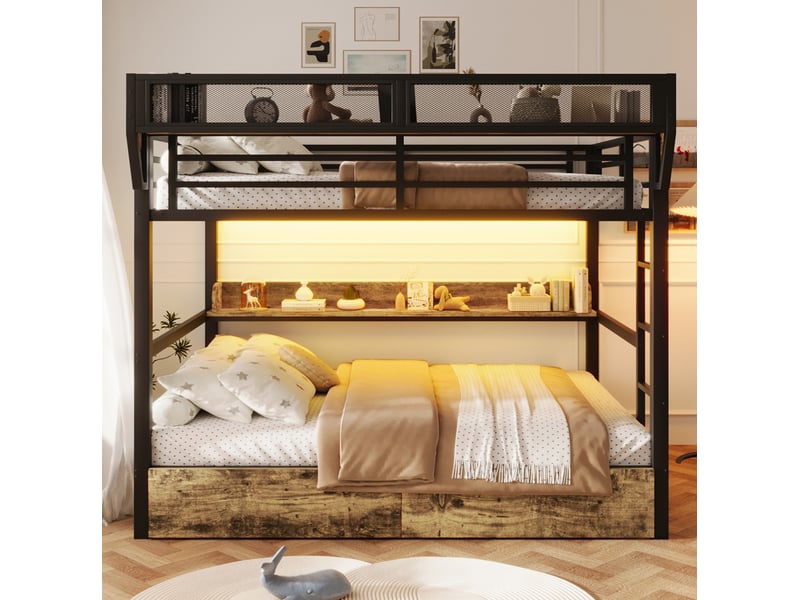  Lit superposé 140x200 cm avec 2 tiroirs, lit enfant avec led et panier de rangement, mdf et métal, noir, sans matelas  - Conforama D