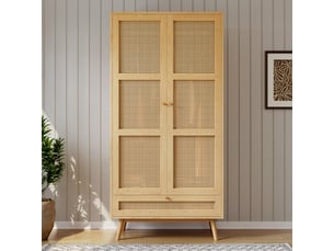Armoire 2 portes avec penderie, meuble de chambre en rotin pe, plateau inférieur rabattable, panneaux agglomérés, naturel
