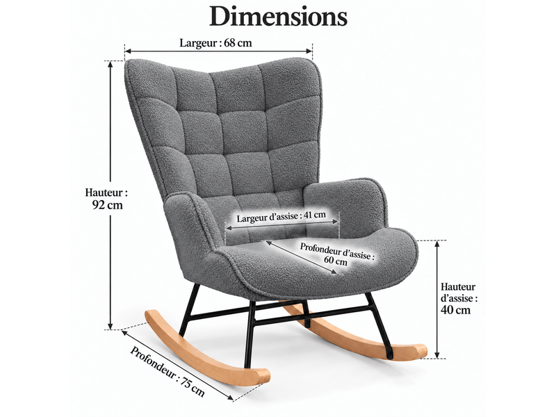 Chaise à bascule, fauteuil a bascule avec polaire sherpa, allaitement fauteuil pour salon, chambre, balcon, gris foncé  - Conforama C