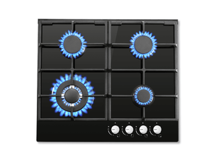 Plaque de cuisson gaz 4 feux, table de cuisson gaz 58 cm en verre trempé noir, encastrable ou indépendante, allumage électronique