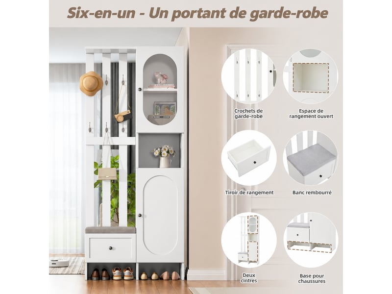  Vestiaire d'entrée avec banc à chaussures, 2 placards, 6 patères, 85 x 33,5 x 200 cm, blanc  - Conforama D